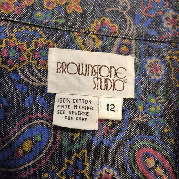 Vtg Brownstone Denim Jacket Womens 12 Floral Paisley Shacket Artsy Boho Retro - Picture 6 of 8
